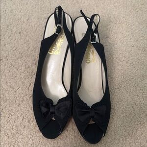 Vintage Feragamo Black Peep-Toe Slingback Shoes